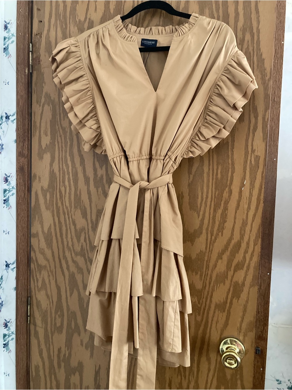 Lucchese Beige Tiered Ruffle Waist-Tie Dress